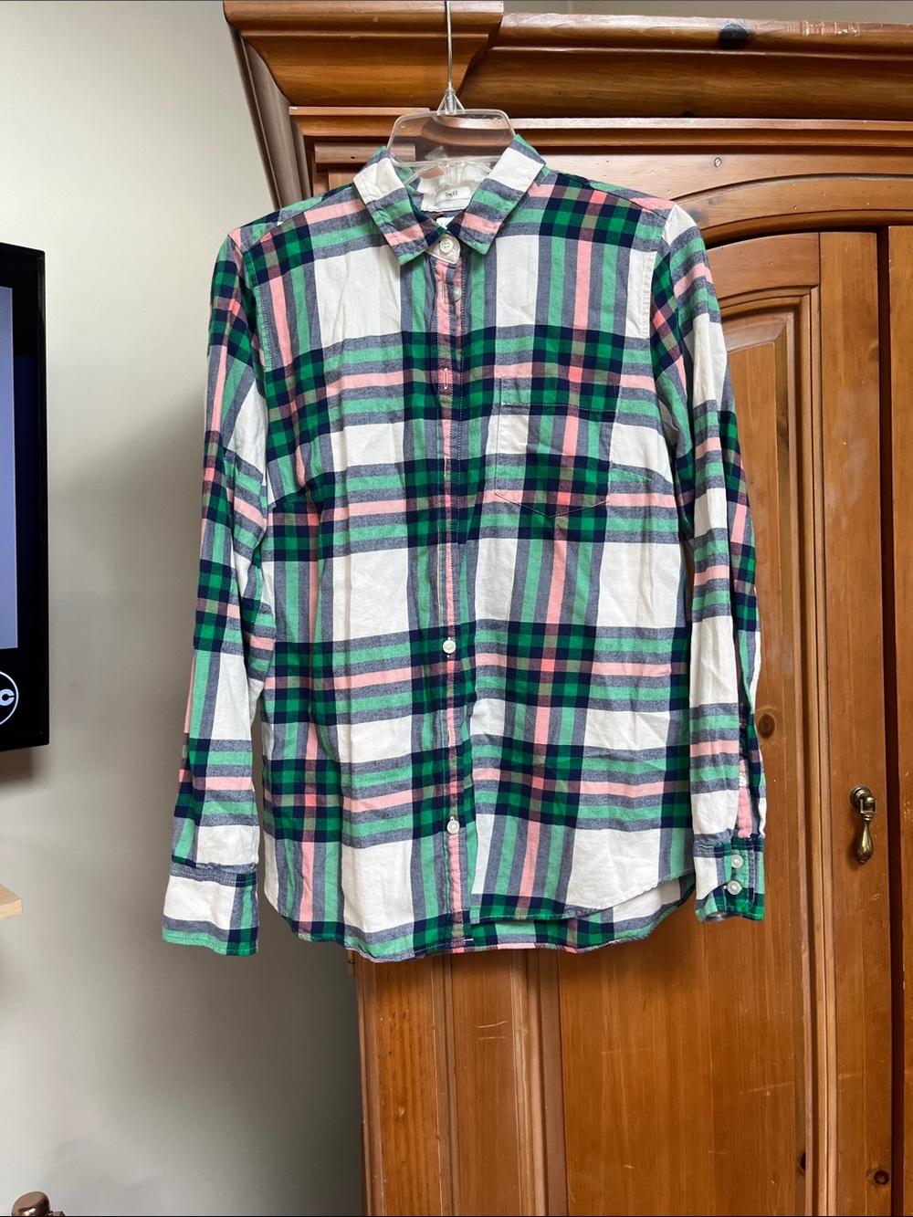 J. Crew Plaid Button-Down Shirt in White, Green & Pink